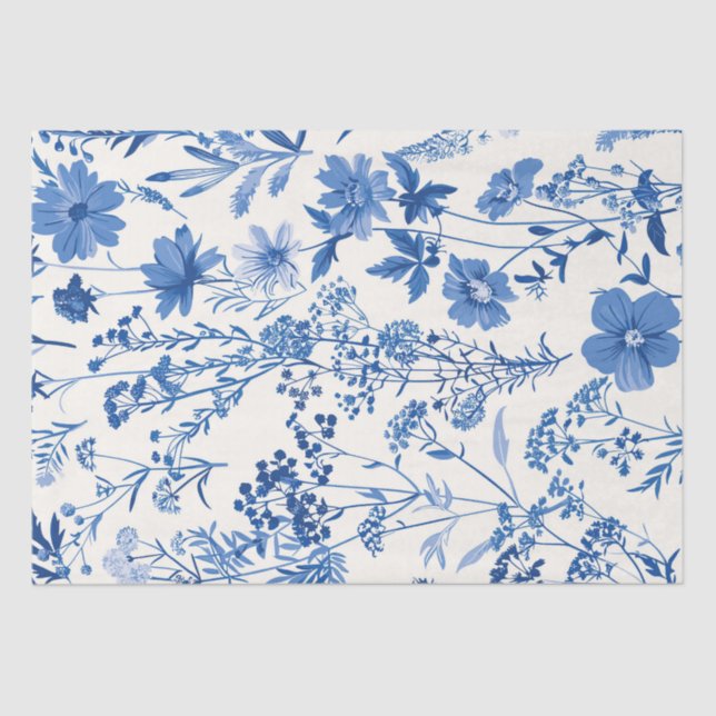 Blue Toile  Vintage Floral Tissue Paper (Front)