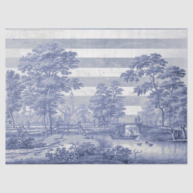 Blue Toile Vintage Stripe French Decoupage Tissue Paper (Front)