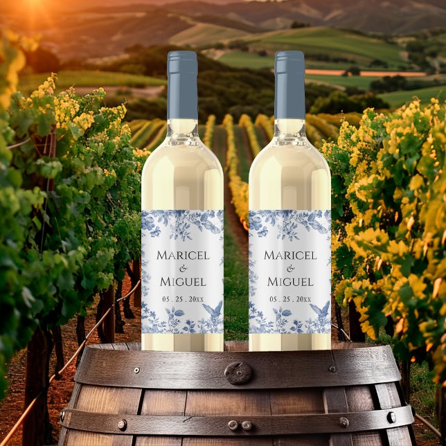 Blue Toile Vintage Wedding  Wine Label (Creator Uploaded)