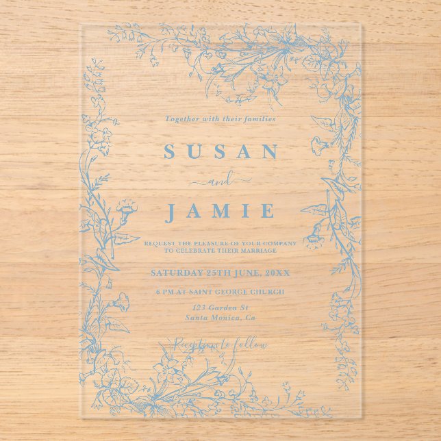 Blue Toile Wedding Acrylic invitation (Front)