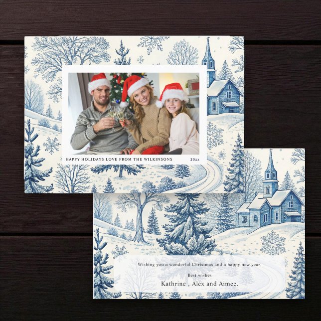  Blue toile winter Church Christmas Photo Card (Creator Uploaded)