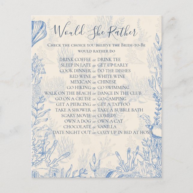 Blue toile Would She Rather Bridal Shower Game (Front)