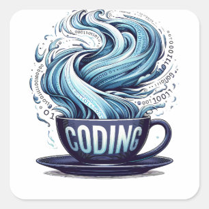 Blue Tone Coding Coffee Binary Numbers Programmer  Square Sticker