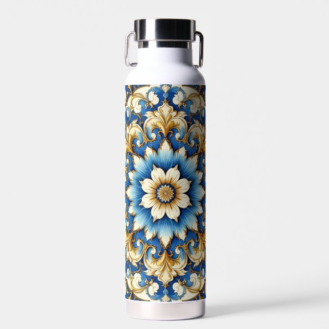 Blue Tone Floral Design Water Bottle (Front)