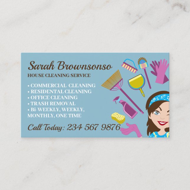 Blue Tone Janitorial Lady Cartoon House Cleaning Business Card (Front)