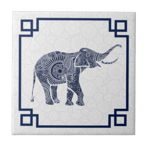 Blue Tones Cute Retro Floral Elephant 2 With Frame Ceramic Tile