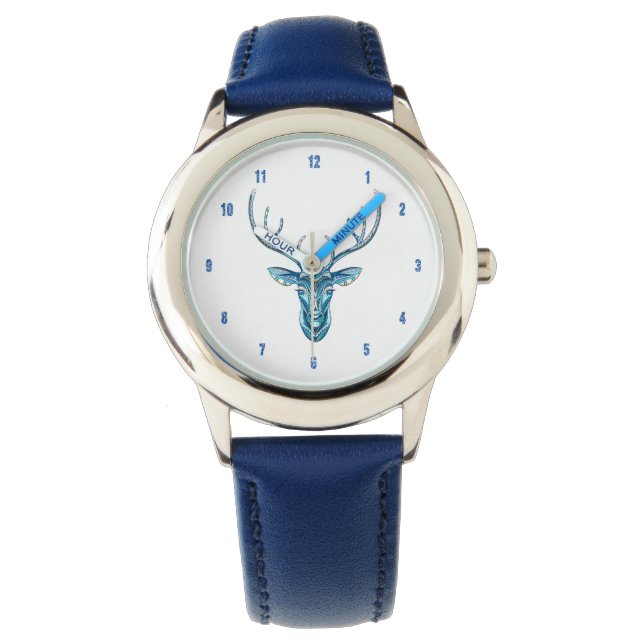 Blue Tones Deer Head Tribal Illustration Watch (Front)