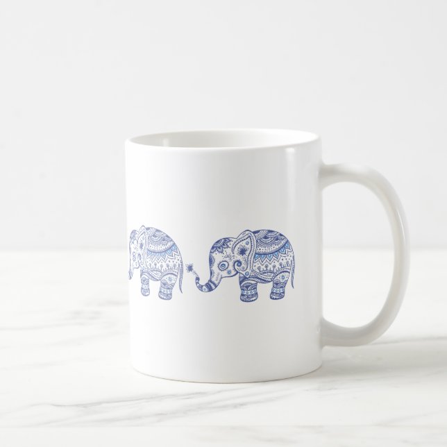 Blue Tones Glitter Floral Elephant Design Coffee Mug (Right)