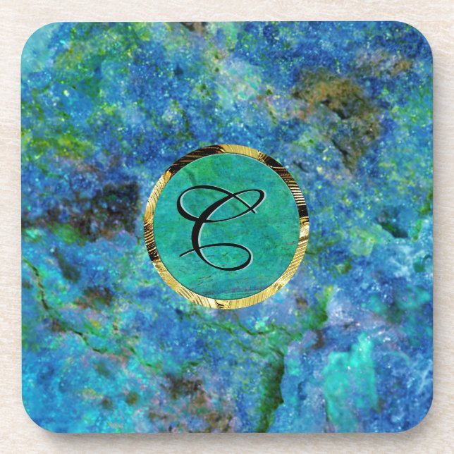 Blue Tones Marble Stone Gold Accents WMonogramed Coaster (Front)