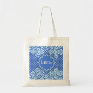 Blue Tones Polka-Dot And Floral Pattern-Monogram Tote Bag