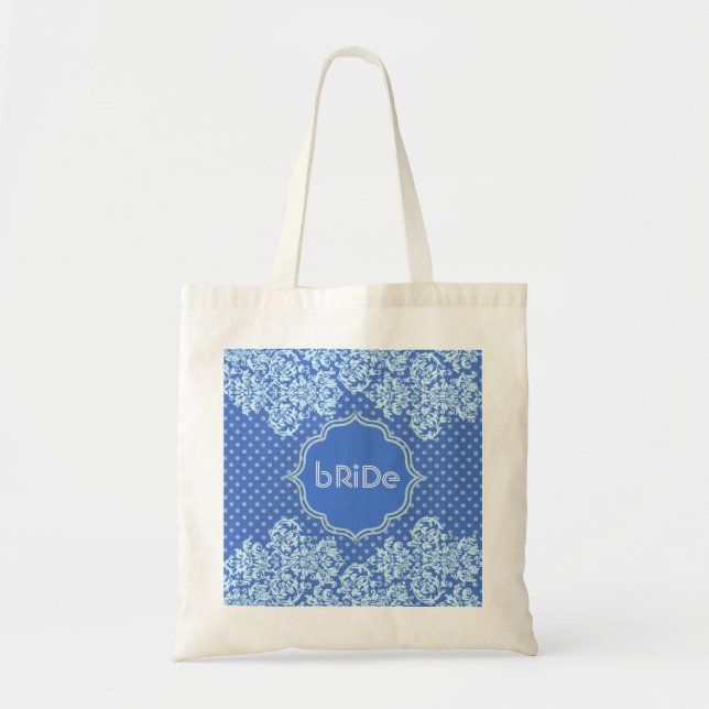 Blue Tones Polka-Dot And Floral Pattern-Monogram Tote Bag (Front)
