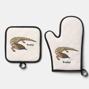 Blue tongue lizard reptile cartoon oven mitt & pot holder set