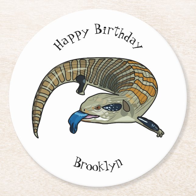 Blue-tongued skink cartoon illustration round paper coaster (Front)