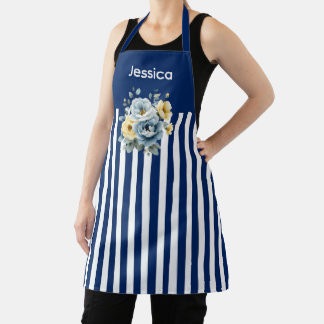 Blue Top with White Stripes Floral Apron