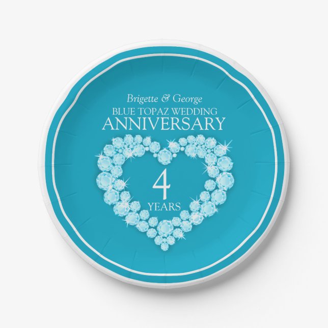 Blue topaz Anniversary heart 4 years paper plate (Front)