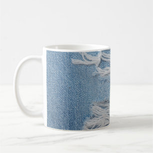 Blue torn denim jeans texture background. Stylish, Coffee Mug