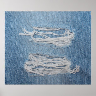 Blue torn denim jeans texture background. Stylish, Poster