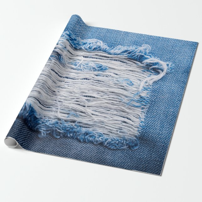 Blue torn denim jeans texture with space for text wrapping paper (Unrolled)