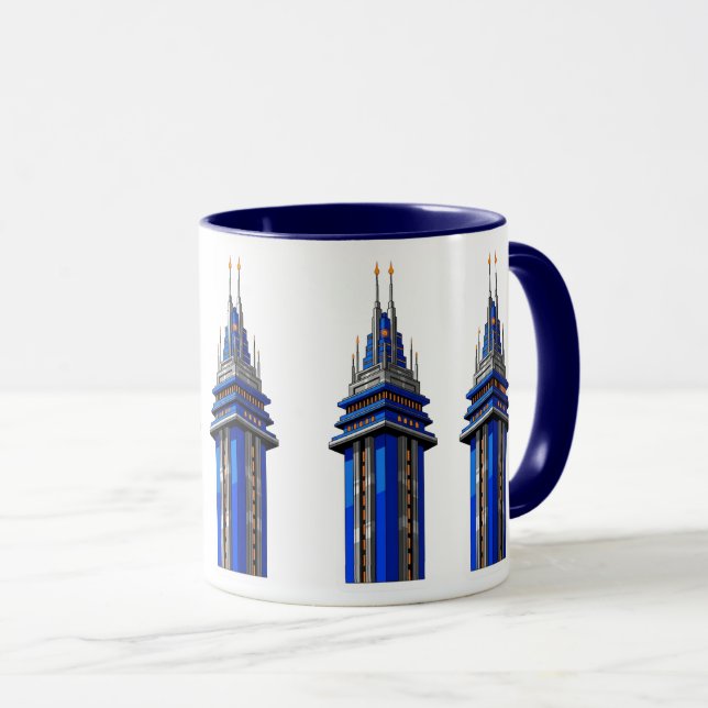  Blue Tower of Tomorrow: Sci-Fi Art Deco Sticker Mug (Front Right)