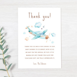 Blue Toy Aeroplane Boy Baby Shower Thank You Card