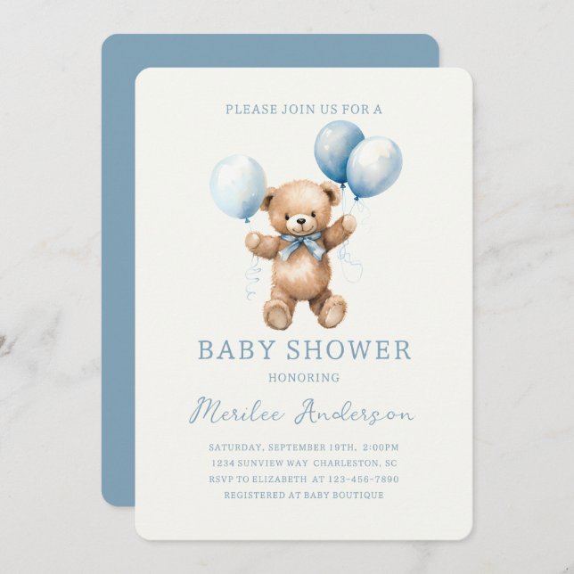 Blue Toy Bear Baby Boy Baby Shower Invitation (Front/Back)