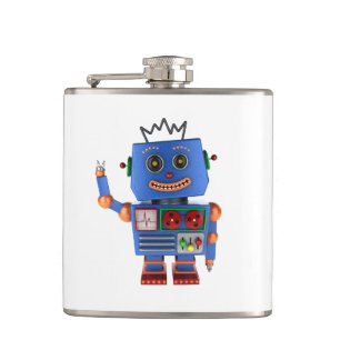 Blue toy robot waving hello hip flask