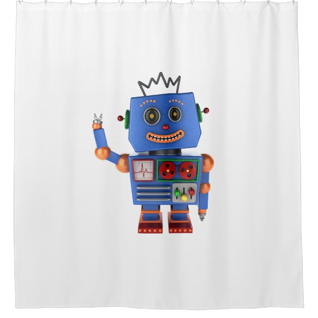 Blue toy robot waving hello shower curtain (Front)
