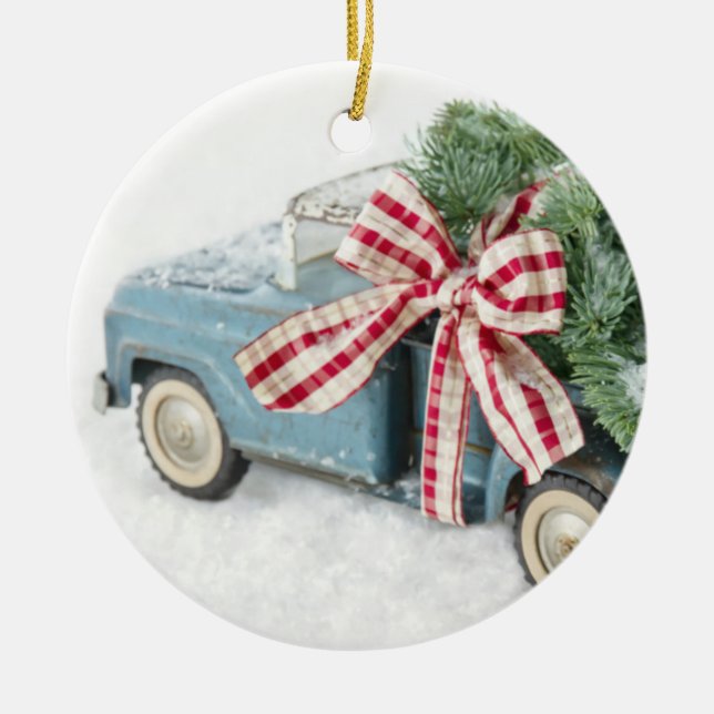 Blue Toy Truck Carrying A Christmas Tree Ceramic Ornament (Front)