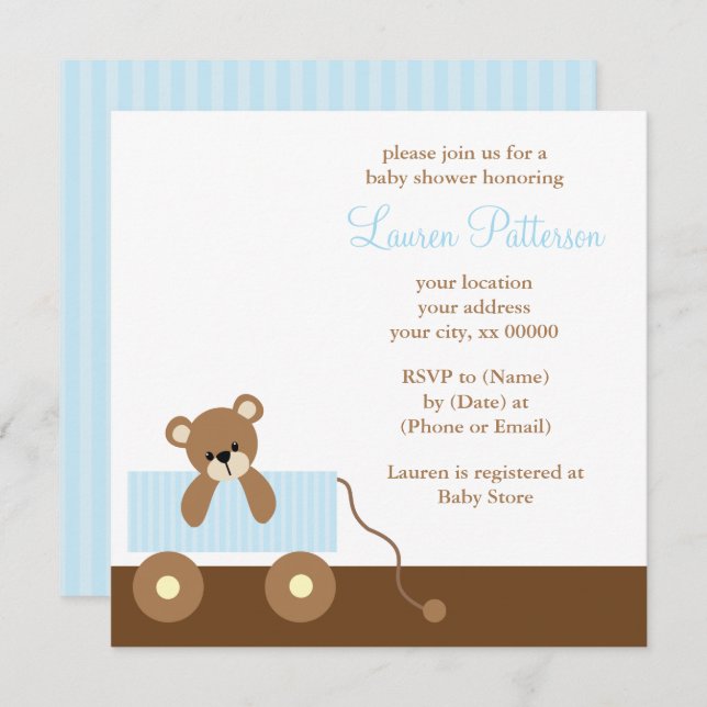 Blue Toy Wagon Bear Baby Shower Invitation (Front/Back)