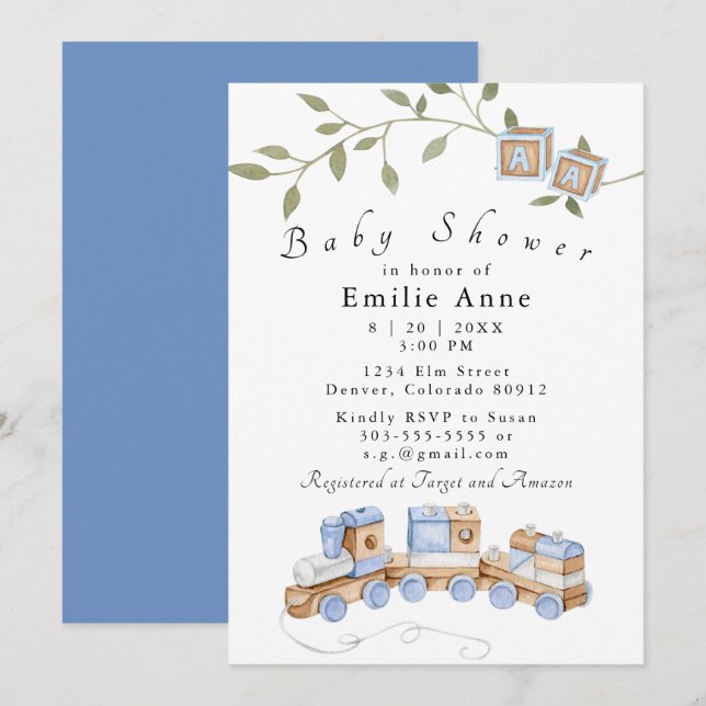 Blue Toys, Train and Blocks Baby Shower Invitation (Front/Back)