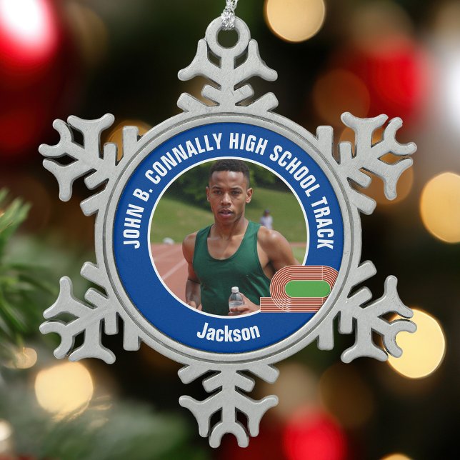 Blue Track & Field Photo High School Athlete Snowflake Pewter Christmas Ornament (Creator Uploaded)