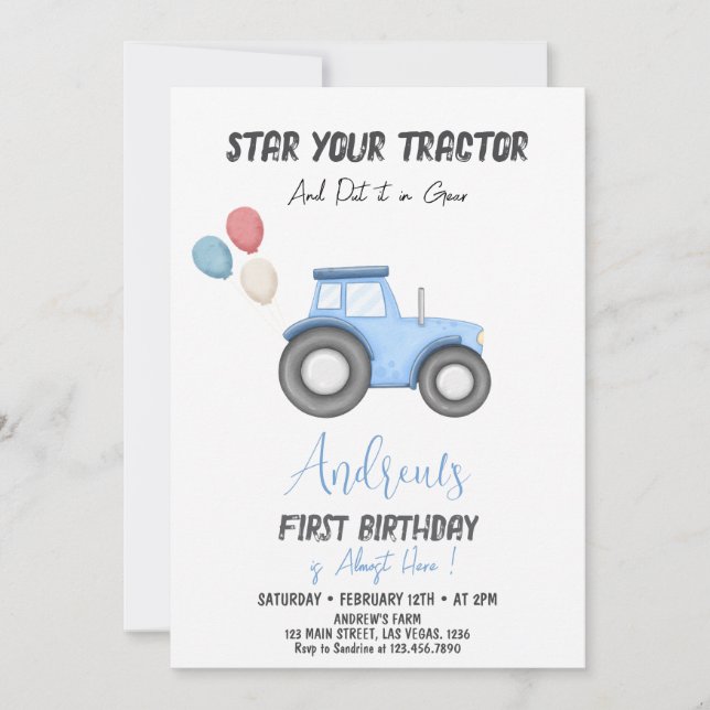 Blue Tractor any age,  birthday  Invitation (Front)