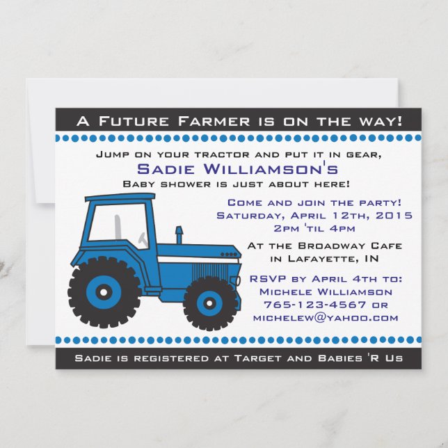 Blue Tractor Baby Shower Invitation (Front)