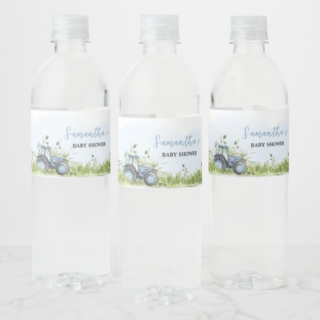 Blue Tractor Baby Shower  Water Bottle Label (Bottles)