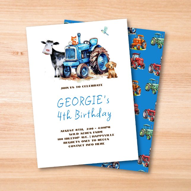 Blue Tractor Barnyard Birthday Party Invitation (Creator Uploaded)