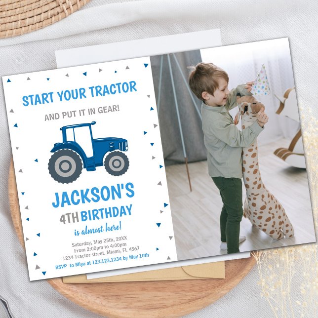 Blue Tractor Birthday Invitations with photo (Blue Tractor Birthday Invitations with photo)