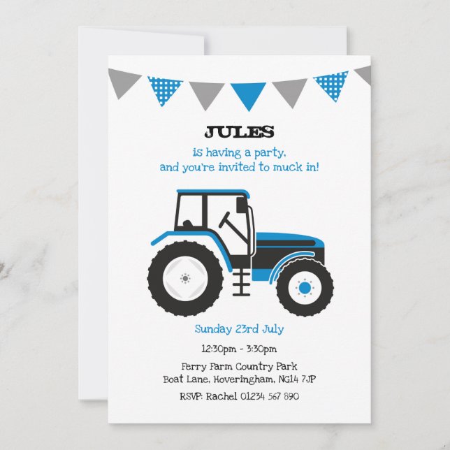 Blue Tractor Birthday Party Invite (Front)