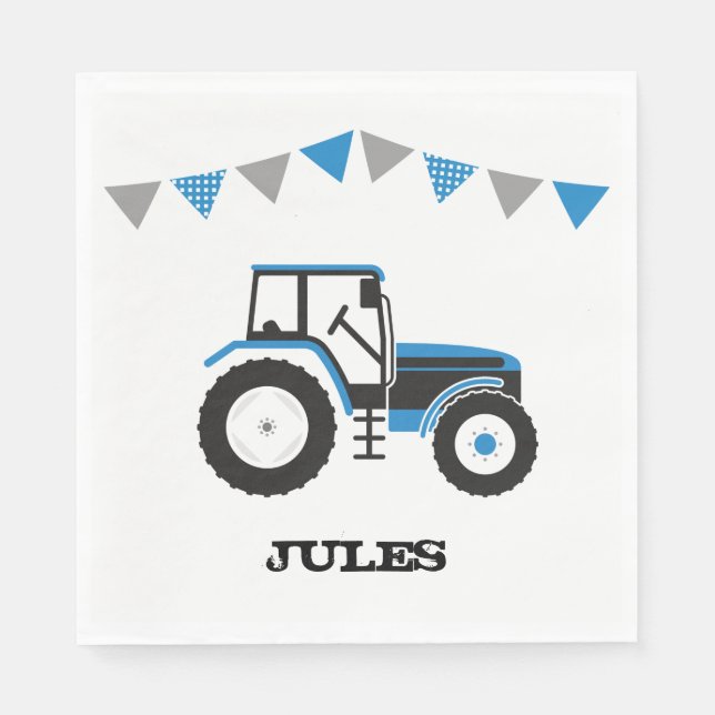 Blue Tractor Birthday Party Paper Napkins (Front)