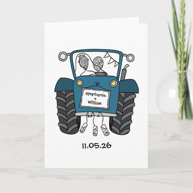 Blue Tractor Country Wedding Card (Front)