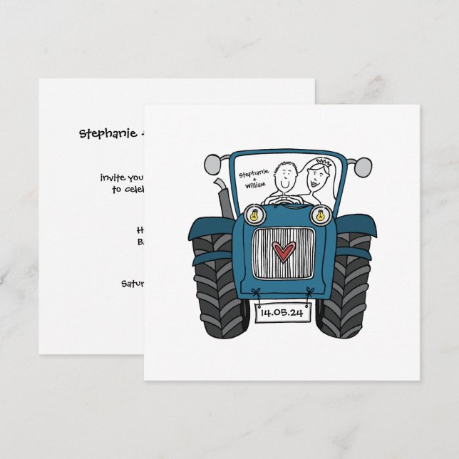 Blue Tractor Country Wedding Evening Reception Invitation (Front/Back)