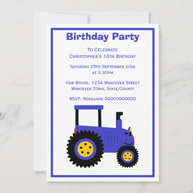 Blue Tractor Design Personalised Birthday Party Invitation (Front)