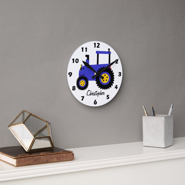 Blue Tractor Design Personalised Round Clock (Office)