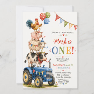 Blue Tractor Farm Animals First Birthday Invitation