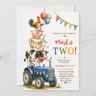 Blue Tractor Farm Animals Second Birthday Invitation