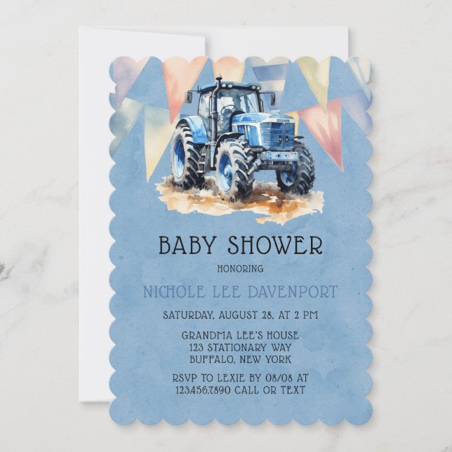 Blue Tractor Flag Watercolor Boy Baby Shower Invitation (Front)
