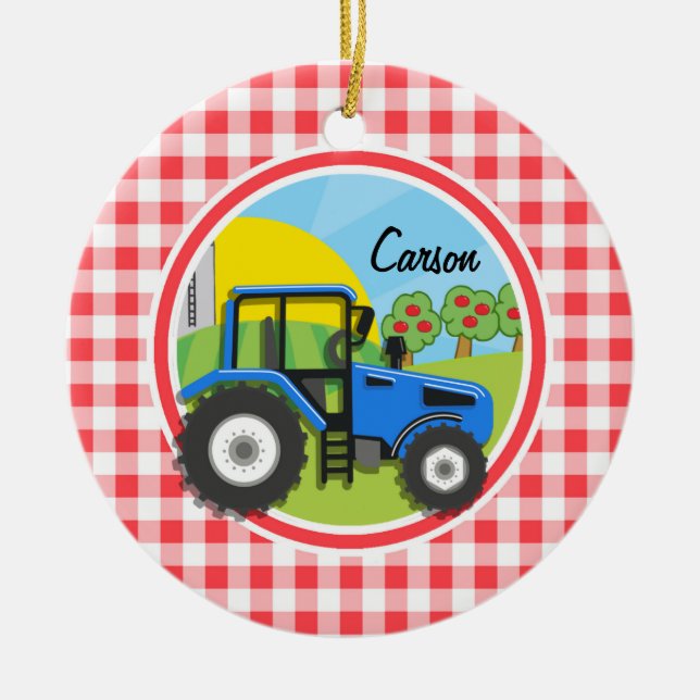 Blue Tractor; Red and White Gingham Ceramic Ornament (Front)