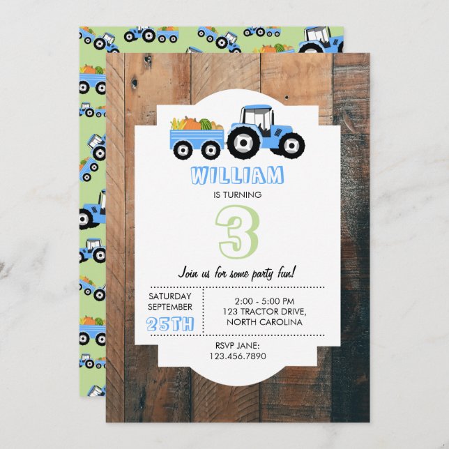 Blue Tractor Truck Farm Produce Birthday Invitation (Front/Back)