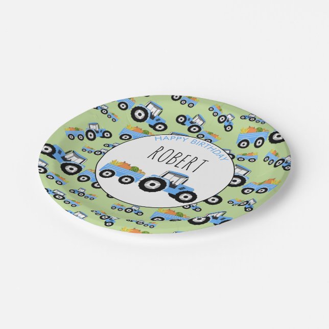 Blue Tractor Truck Farm Produce Birthday Paper Plate (Angled)