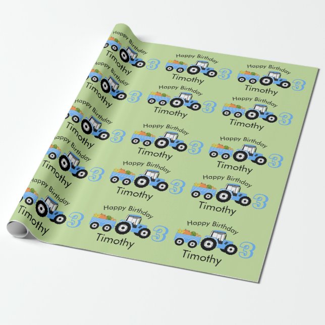 Blue Tractor Truck Farm Produce Name & Age Wrapping Paper (Unrolled)