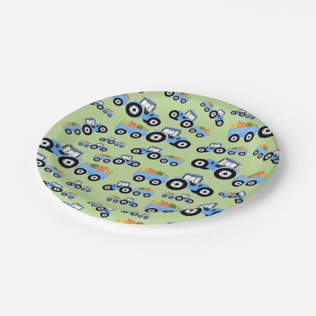Blue Tractor Truck Farm Produce Paper Plate (Angled)